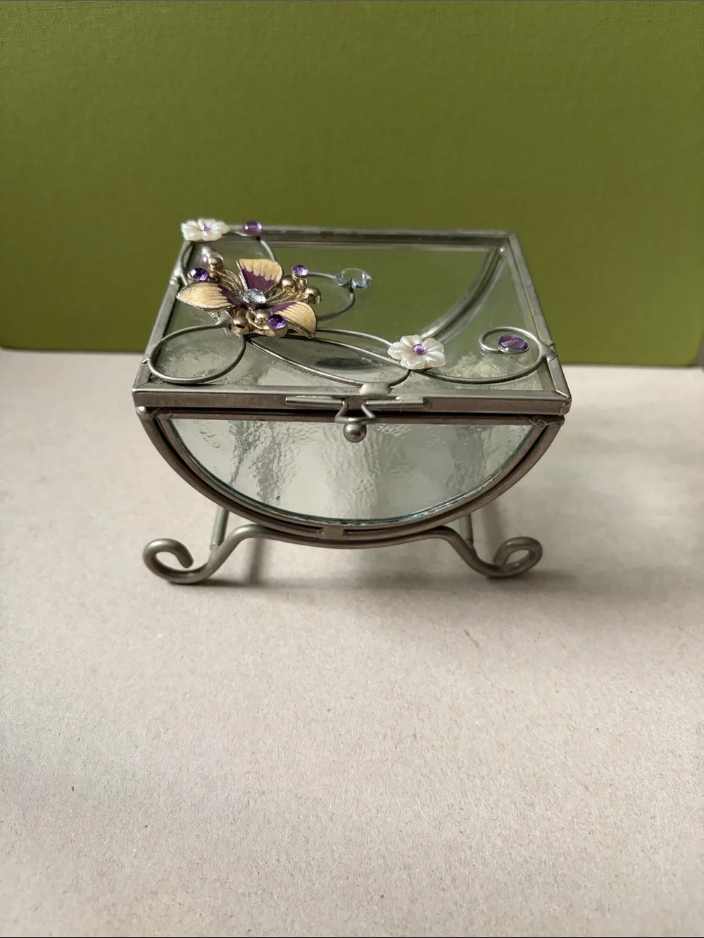 Glass Jewelry Box with Purple Floral Accents